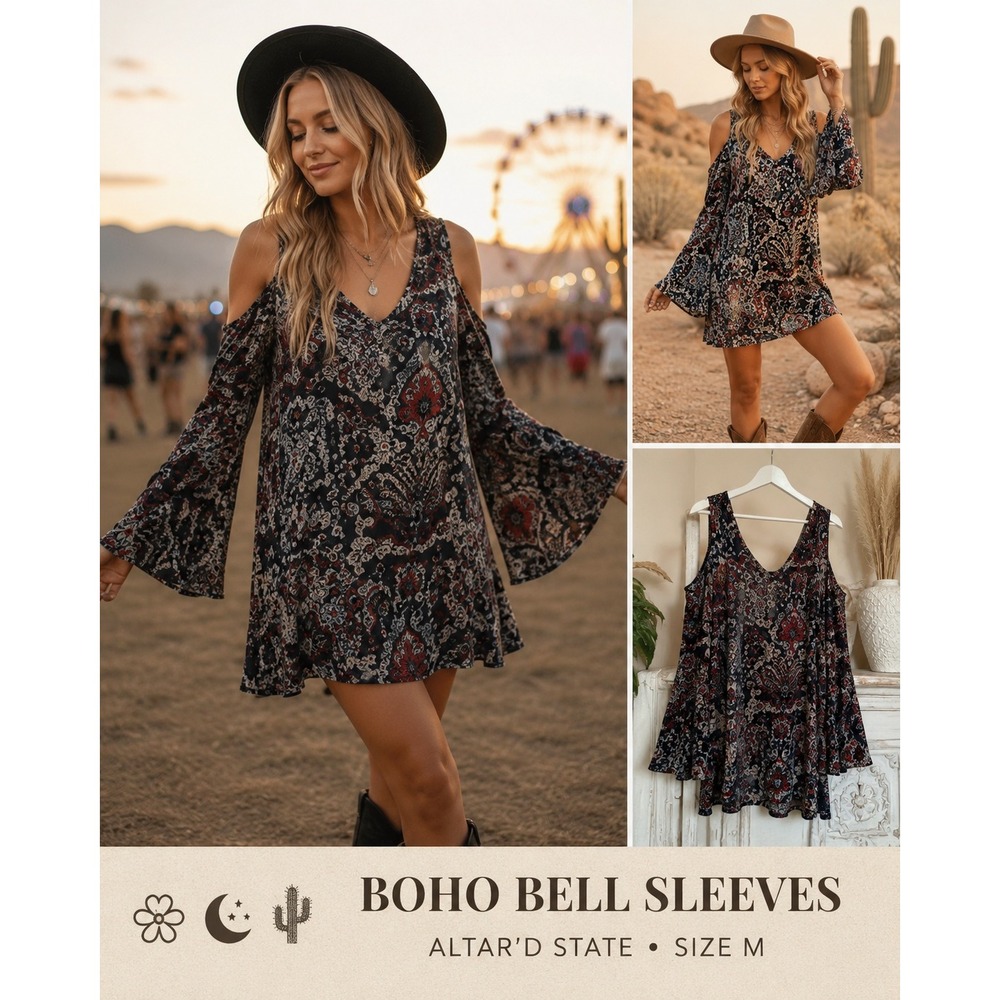 Altar'd State Womens Velvet Burnout Bell Sleeve Paisley Mini Dress Multi Color M